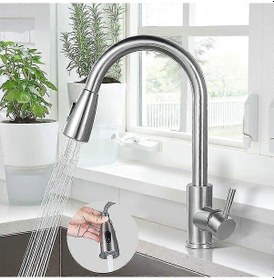 Resim Mutfak Musluğu, 304 Paslanmaz Çelik Lavabo Bataryası, Çekilebilir Spreyli 360 Derece Dönebilen Lavabo Musluğu 8279203820544 