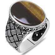 Resim 925 Ayar Gümüş Örgü Desen Düz Kaplan Gözü Taşlı Erkek Yüzük - 516126941 