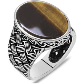 Resim 925 Ayar Gümüş Örgü Desen Düz Kaplan Gözü Taşlı Erkek Yüzük - 516126941 