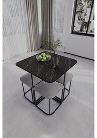 Resim Rüzgar Dekoratif Oval Tabureli Yemek Masası Siyah 