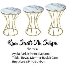 Resim Brc Kum Saati Zigon Beyaz Mermer Desen Metal Çelik Gold Renk Kapl 