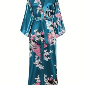 Resim Şık Çiçekli Kimono Tarzı Kadın Bornozu - Yumuşak V Yaka Geometrik Desen, Bahar/Yaz/Sonbahar için Tam Vücut Rahat Günlük Giyim, Çiçek Desenli Bornoz 