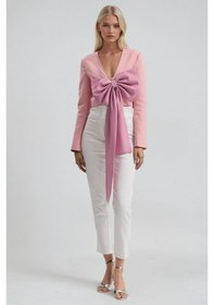 Resim Büyük Fiyonk Detaylı Derin V Yaka Crop Blazer Ceket 6188 Pembe 