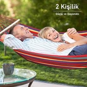 Resim Valkyrie 2 Kişilik Renkli Kanvas Hamak 260x150 CM Taşıma Çantalı Ahşap Çubuklu Bahçe Kamp Hamağı Kırmızı 