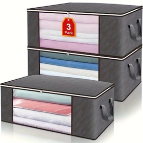 Resim 3 Adet Ekstra Büyük Katlanabilir Giysi Saklama Çantaları, Koyu Gri - Dayanıklı Dokusuz Kumaş, Şeffaf Pencere ve Güçlü Fermuar, Çok Fonksiyonlu Saklama Çantası, Saplı, Gardırop, Yatak Odası ve Yurt Alan Verimliliği İçin Uygun, Giysi Saklama Çantası, Diğer (Aksesuar Düzenleyiciler) 