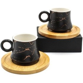 Resim 2'Li Mermer Desen Bambulu Siyah Fincan Takımı 