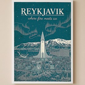 Resim Reykjavik Line Art Print - Teal Hallgrímskirkja Aurora Skyline Wall Art - Wooden Frame - White / 16 x 20" (40x50 cm) 