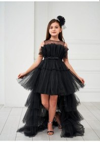 Resim Porça Kız Çocuk Ön Kısa Arkası Uzun Tüllü Katlı Beli Fiyonklu Abiye-8073-siyah Siyah 