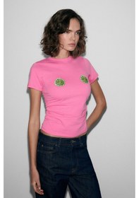 Resim Grimelange Vunıka Kadın Yumuşak Kumaşlı Baskı Detaylı Slim Fit Pembe T-shirt Pembe 