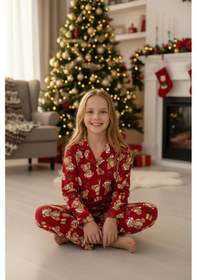 Resim Kız Çocuk Ayıcık Baskılı Pijama Takımı-%100 Pamuk Süet -12482 Kırmızı 