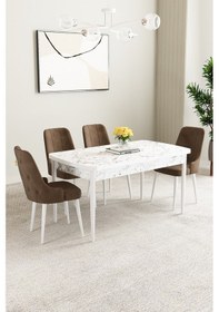 Resim Mabel Beyaz Mermer Desen 80x132 Açılabilir Yemek Odası Takımı 4 Adet Sandalye Kahverengi 