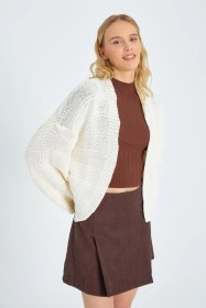 Resim Mixray 6904 Kadın Geniş Kol Detaylı Triko Hırka Naturel 