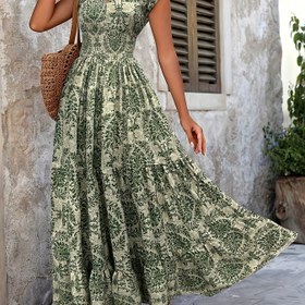 Resim Kadınlar için Şık Paisley Desenli V-Yaka Puf Kollu ve Piliseli Bel Maxi Elbise - Hafif Polyester Yazlık Plaj Elbisesi, Makinede Yıkanabilir Günlükten Resmi Giyime Uygun 