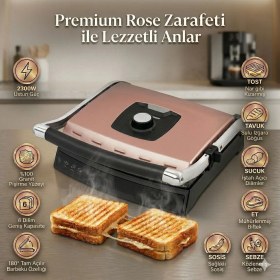 Resim Fakir Yüksek Isı Teknolojili 2000W Elektrikli Izgara ve Tost Makinesi 6 Dilim Pişirme Yüzeyli Pratik Yağ Hazneli 180 Derece Açılabilir 