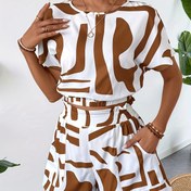 Resim 2 adet Kadınların Soyut Geometrik Çizgili Kısa Kollu Üst ve Şort Takımı, Bahar/Yaz için Rahat Tatil İş Gideri Kıyafeti, Polyester Karışımı, Bol Kesim, Rahat Kıyafet|Geometrik Desen|Polyester Karışımı 