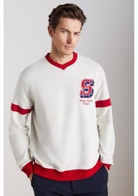 Resim Grimelange Reynon Erkek V Yakalı Aplikeli Organik Pamuklu Içi Polarlı Yumuşacık V Yaka Taş Rengi Sweatshirt 