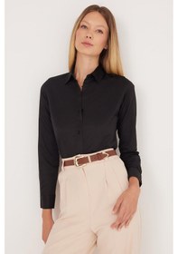 Resim Tudors Kadın Slim Fit Dar Kesim Vucüda Oturan Uzun Kollu Siyah Basic Gömlek-35323 Siyah 