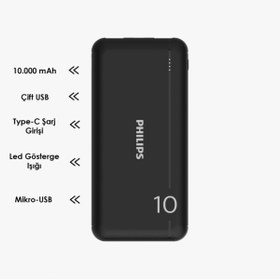 Resim PHILIPS DLP1810NB 10.000 MAH SİYAH POWERBANK 