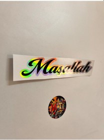 Resim Hologram Etiket Yazı Maşallah 15x3cm Folyo Sticker Baskes Etiketi Maşallah Hologram 