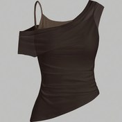 Resim Kadınların şık omuz üstü üstü - Şık kahverengi asimetrik tasarım, ruched detay, rahat veya şık kıyafetler için mükemmel, rahat şık üst | Ruched Texture Top | Polyester Kumaş 