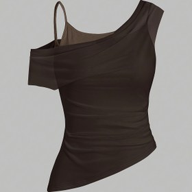 Resim Kadınların şık omuz üstü üstü - Şık kahverengi asimetrik tasarım, ruched detay, rahat veya şık kıyafetler için mükemmel, rahat şık üst | Ruched Texture Top | Polyester Kumaş 