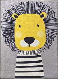 Resim Çocuk-Bebek Halısı Sevimli Aslan Desenli Halı Yıkanabilir Kaymaz Taban Gri 