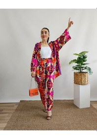 Resim İpli Fuşya Renk Etnik Desenli Viskon Kumaş Kimono Takım Fuşya 