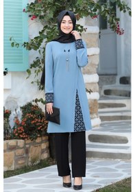 Resim Raika Moda Lazer Kesim Detaylı Büyük Beden Tesettür Takım Mavi 