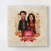 Resim Sonbahar Yaprakları ve Aşkımız Karikatürlü Taş Bardak Altlığı 