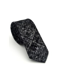Resim Gaffy Beyaz Kırcıl Desenli Siyah Dokuma Kumaş Mendilli Slim Fit Kravat // Sdk-2610-1 Siyah 