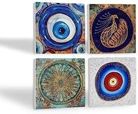 Resim Nazar, Tavus Kuşu, Yaşam Çiçeği Taş Bardak Altlığı Seti - 4 Parça - Dekoratif, Rustik Mutfak Aksesuarı, 10x10 cm, Kaydırmaz Tabanlı, Şık ve Dayanıklı SC388 
