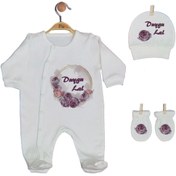 Resim Pia Baby Kız Bebek Ekru İsme Özel 3'lü Tulum Set Gl 1919-01 