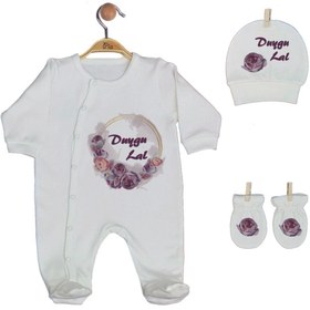Resim Pia Baby Kız Bebek Ekru İsme Özel 3'lü Tulum Set Gl 1919-01 