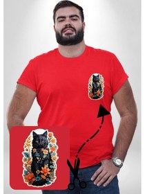 Resim Angemiel Çiçekli Kırmızı Kedi Etiket Kırmızı Büyük Beden Kadın Basic Minimal Baskılı Tişört Kırmızı 