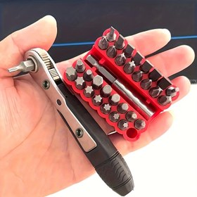 Resim Powerhigh 34 parça mini cırcırlı anahtar seti, çift uçlu, dar alanlar için 1 düz veya kavisli sap, çapraz başlı ve düz başlı tornavidalar, altıgen ve erik uçlu matkaplar dahil 