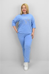 Resim Koza Butik Kadın Büyük Beden Kısa Kollu Çiçek İşlemeli Eşofman Takımı 8199-25 