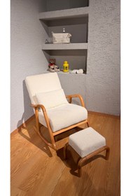 Resim NOSSO HOME Sallanan Naturel Ayaklı Kırık Beyaz Rengi Berjer Koltuk - Puf Hediyeli Lotus 