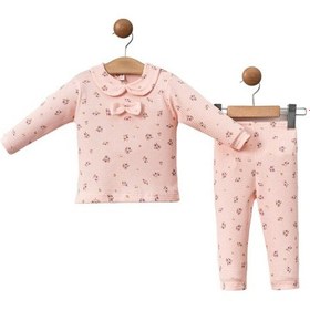 Resim Çiçek Baskılı Fiyonklu Bebek Takım Pembe 