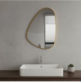 Resim 80x112 Cm Modern Organik Şekilli Altın Çerçeveli Düzensiz Banyo Aynası Dekoratif Asimetrik Duvar Aynası Altın 