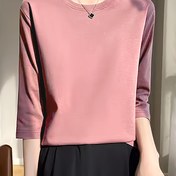 Resim Kadınlar İçin Şık Yüksek Esneklikli 3/4 Kol Tişört - Yumuşak Pembe Düz Renk Yuvarlak Yaka Bluz, Tüm Mevsimlere Uygun Günlük ve Resmi Giyim, Makinede Yıkanabilir Rahat Kesim Üst 