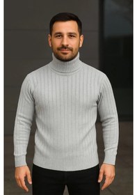 Resim Erkek Balıkcı Yaka Bağazlı Triko Kazak Pamuklu Kalın Fitilli Dokuma, Regular Fit Uzun Kollu Kışlık M Gri 