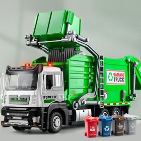 Resim Şehir Temizliği Çöp Kamyonu Model Oyuncak, Yeşil, Plastik, Manuel İşletim, Şarj Edilmemiş, Pil Olmadan, Hareketli Mekanik Kol ve 4 Küçük Çöp Kutusu ile, 6 Yaş ve Üstü Çocuklar İçin 