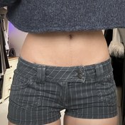 Resim Kadınlar için Retro Düşük Bel Düğmeli Çizgili Denim Şort - Esnemez Makinede Yıkanabilir Yazlık Cepli Rahat Şort, Vintage Sokak Giyimi Stili, Sevimli Şort 