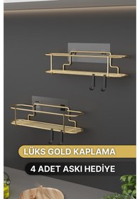 Resim Bino Baharatlık 2 Li Set Gold Metal Mutfak Rafı Banyo Rafı Yapışkanlı Kancalı Tuzluk Askılık Çok Renkli 