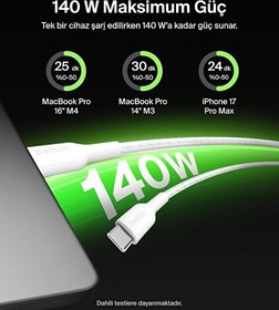 Resim Belkin BoostCharge Pro 2'si 1 Arada 140 W USB-C- USB-C Örgülü Çift Şarj Kablosu 1.5M Beyaz 