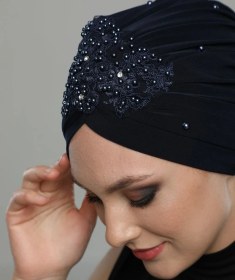 Resim Elysianfidan Kopma Astarlı Işlemeli Lacivert Dantel Motifli Hazır Türban Tesettür Abiye Bone Lacivert Dantel 