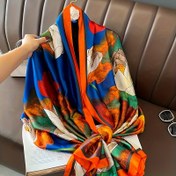 Resim Lotus Baskılı Büyük Şal İmitasyon İpek Saten Uzun Şal Vintage Güneş Koruyucu Wrap Kadınlar için Rahat Açık Hava Esnek Olmayan Şal 