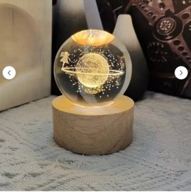 Resim 3d Kristal Cam Küre Ahşap Kaideli Gece Lambası - Satürn 