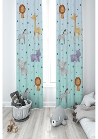 Resim Mekta Home Bebek Ve Çocuk Odası Safari Desenli Mavi 2 Kanat Fon Perde 