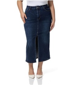 Resim Disentis Büyük Beden Önden Yırtmaç Detaylı Beş Cepli Midi Denim Lacivert Etek-lacivert Lacivert 